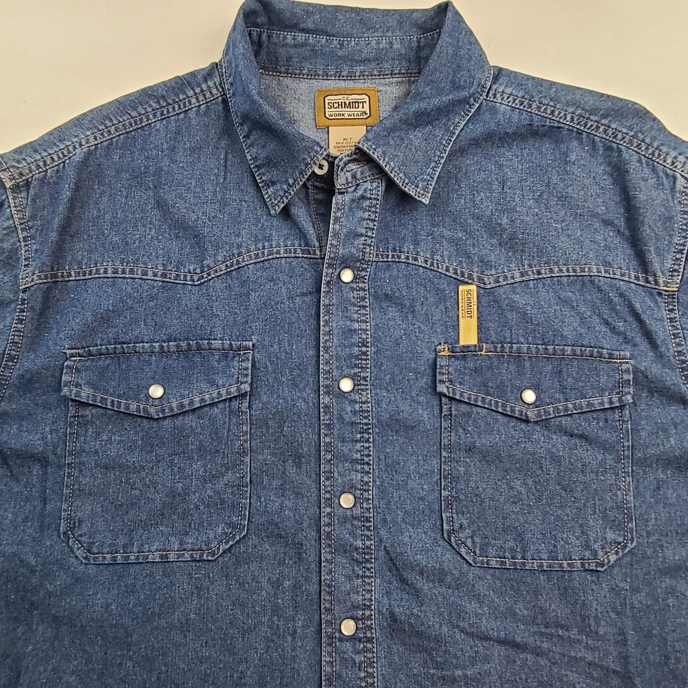 C.E. Schmidt Workwear Shirt Mens XLT Blue Denim Short Sleeve Western Snap Pocket